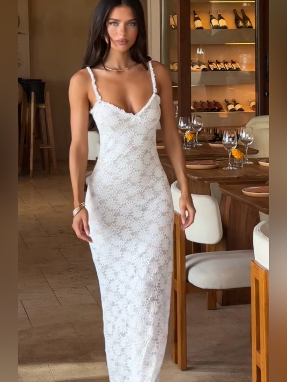 White Lace Maxi Dress - Elegant Spaghetti Strap Style